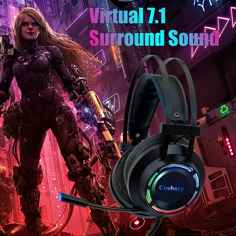 Gaming headset 7.1 dyp bass stereo spillhodetelefoner med mikrofon fargerikt led-lys for pc bærbar pc + spillmus + musematte