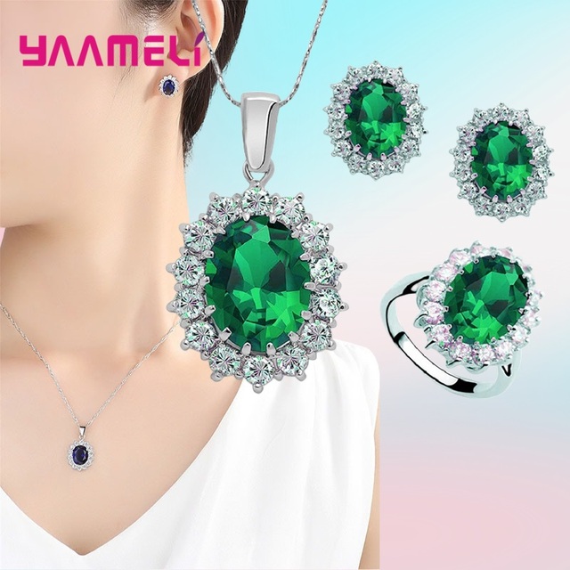 Conjuntos de joyas de plata de ley 100% auténtica para mujer, joyería de compromiso de boda, clásico de flores ovaladas, cristal de circonita cúbica brillante 925: Rojo