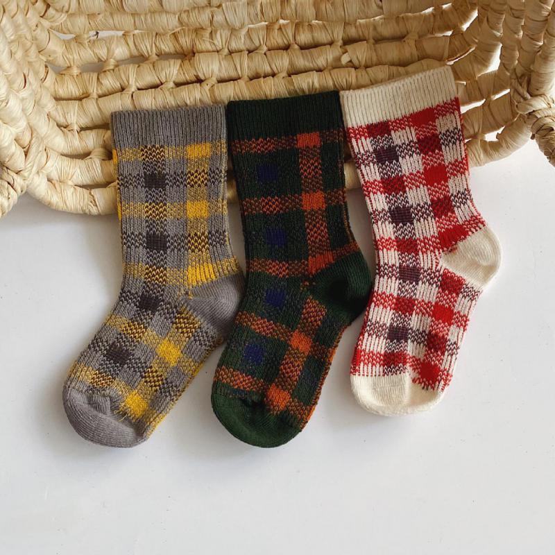 3 unids/lote medias de tubo de algodón a cuadros para invierno y otoño estilo británico para niños y niñas