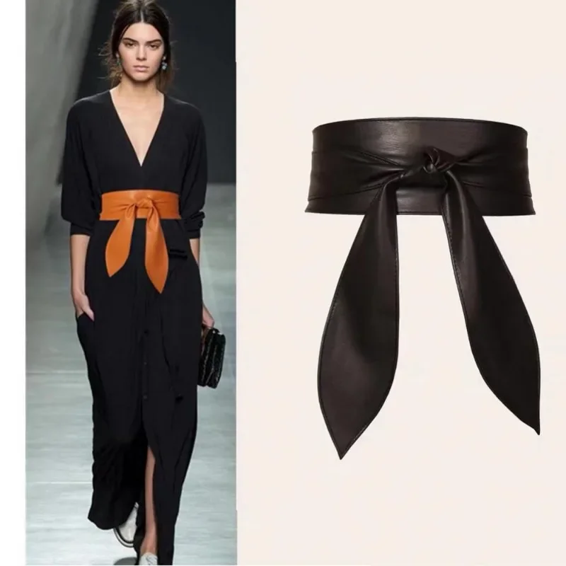 Frauen Schnürgürtel, eleganter Schleifengürtel, lang, schwarz, weiches Leder, breiter Bund, Schleife, Kummerbund, Krawatten, Schleife, Damenkleid, Dekoration