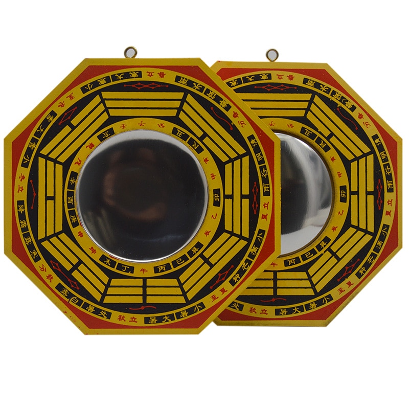 Feng Shui Yellow Wood Concave Convex Bagua Mirror Wall Hanging The 8 hexagrams mirror