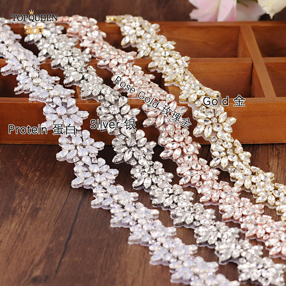 TOPQUEEN (1pc) s269 Braut Hochzeit Silber Strass Applikationen Gürtel Rose Gold Kristall Perlen Patch Eisen auf für Hochzeit Kleider