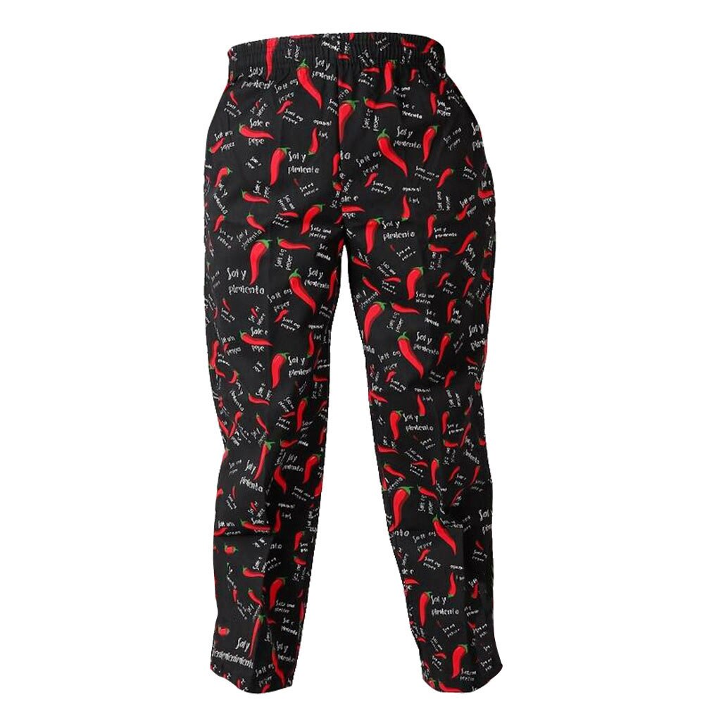 Men Women Baggy Chef Pants Uniform Loose Fit Cargo Pants Restaurant Kitchen Elastic Waistband Work Trousers: Chilies M