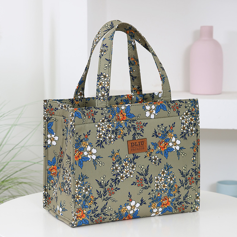 style nylon printing thickened large capacity handbag, work portable zipper semi-closed lunch box storage bag, bento bag: army green