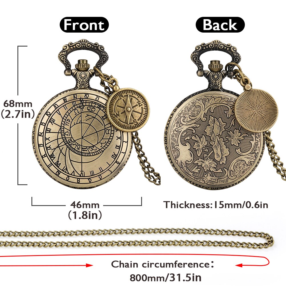 Unisex Antique Astrology Compass Pocket Watch Quartz Retro Bronze Necklace Fob Clock with Chain Compass Accessory Man Women