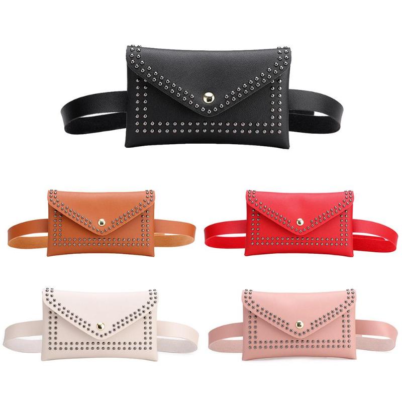 Punk Solid Color Rivet Shoulder Waist Bags Female Girls Fanny Belt Packs Women PU Leather Crossbody Casual Messenger Chest Bags