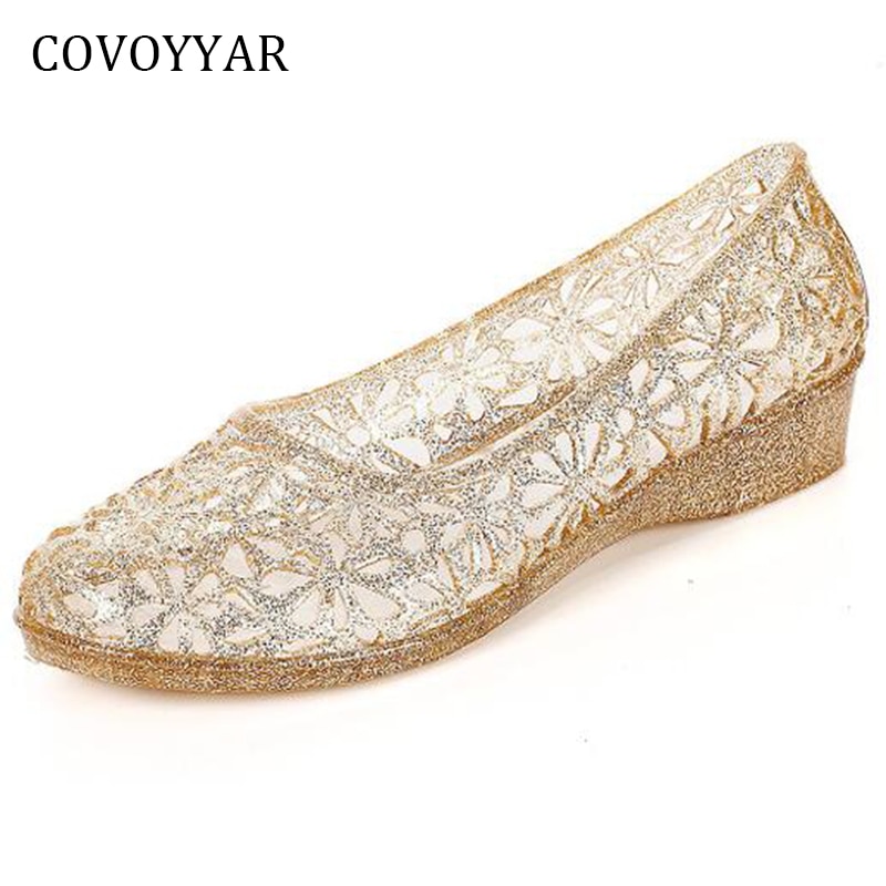 COVOYYAR – sandales de gladiateur à semelles compensées et découpées pour femmes, chaussures de plage dorées et transparentes, WSS962, 2022