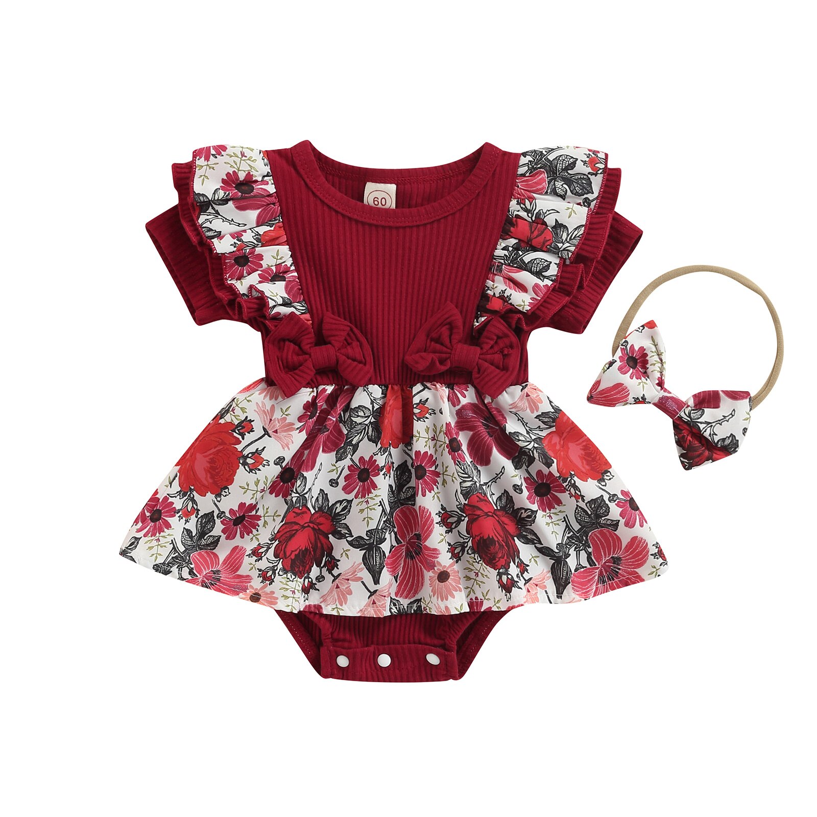 Ensemble 3 pièces pour bébés filles, vêtements imprimés floraux, en coton tricoté, manches courtes, bretelles, bandeau, tenue: C / 90