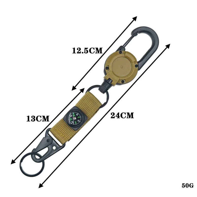 Intrekbare sleutelhanger, stevige ID-badgehouder met rolmechanisme, multitool sleutelhanger, badgehouder met 25,6 inch stalen intrekbaar koord en sleutelring: Kaki
