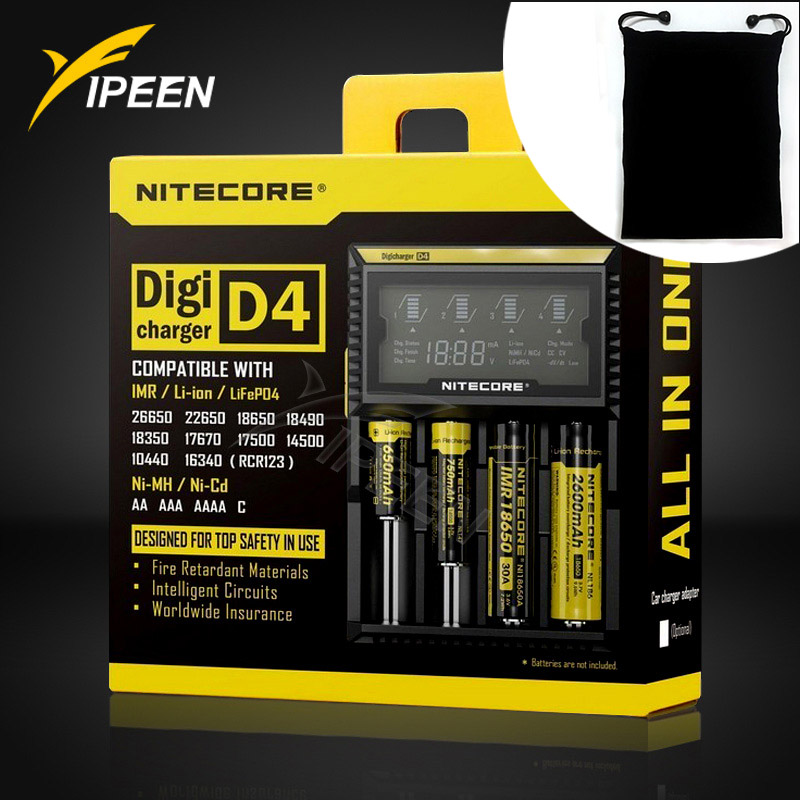 100% cargador de batería Original Nitecore D4 cargador inteligente LCD Li-ion 18650 14500 17670 18490 17500 AAA 12V cargador de batería: D4 With bag / US