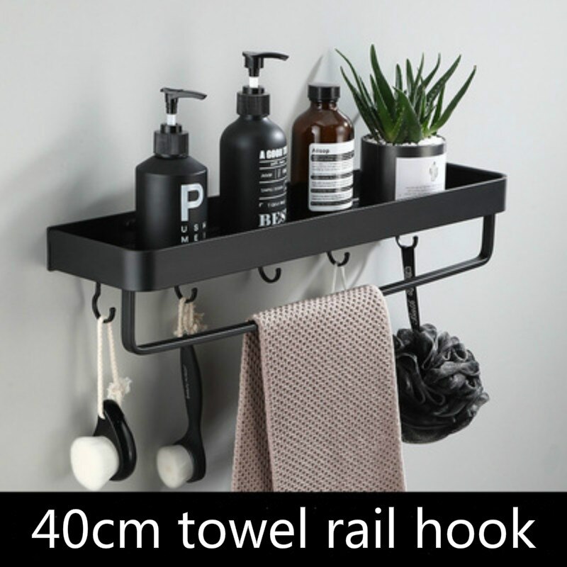 Towel Shower Storage Rack Black Corner Shelves Wall Shelf Aluminum Shampoo Holder No Drill Kitchen Bathroom Shelf Organizer: 40cm towel rail hook