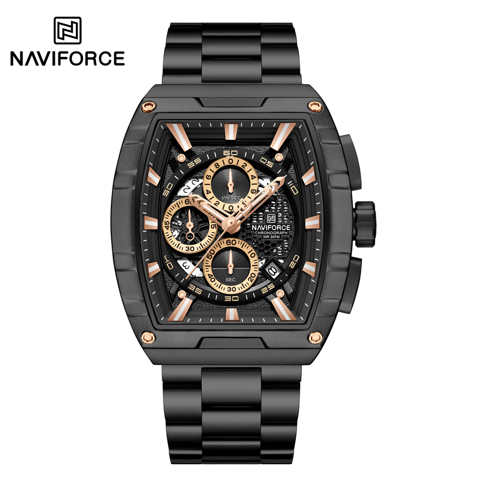 NAVIFORCE zegarek kwarcowy dla mężczyzn moda wodoodporny świecący chronograf zegarek Auto data pasek ze stali nierdzewnej zegar prezent: Złota