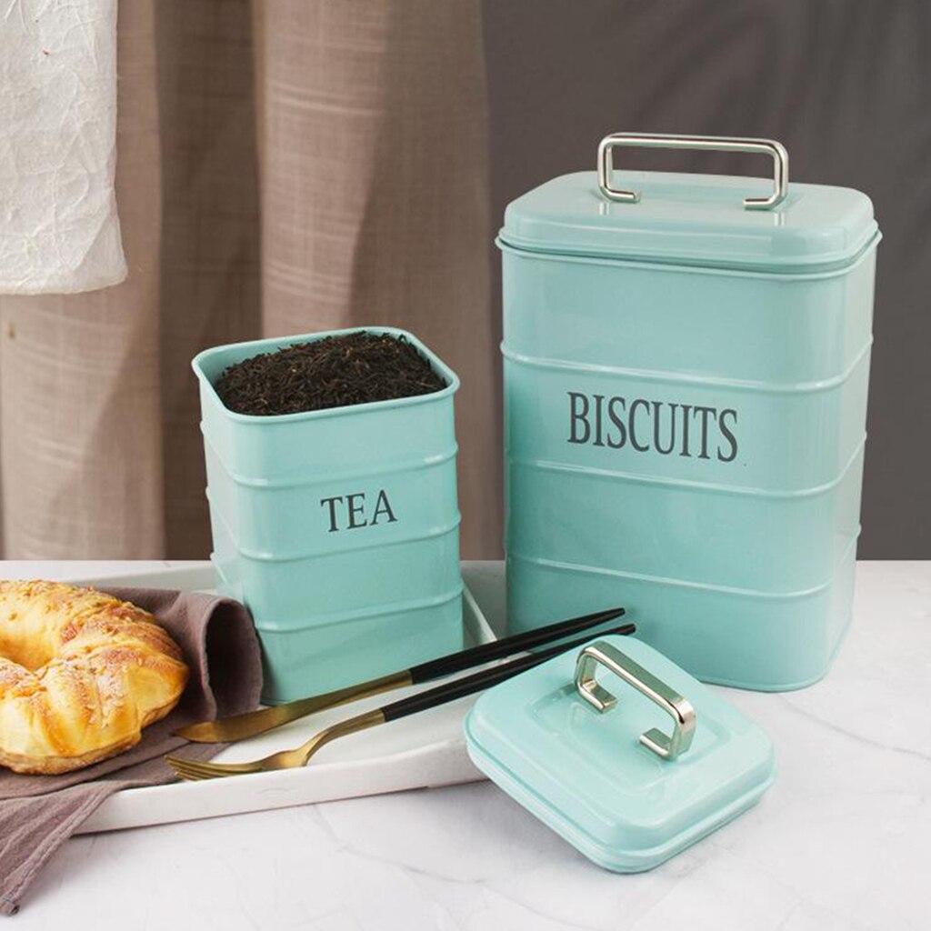 2PACK Metal Tin Storage Box Kitchen Tea Coffee Candy Biscuit Can 1.3L/2L