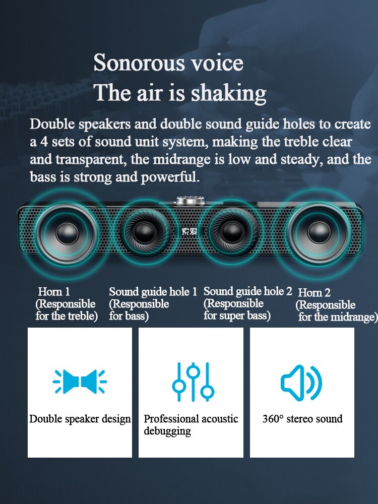 3D Surround Bluetooth 5.0 Soundbar USB Wired Computer Speakers Stereo Subwoofer Sound bar Loudspeaker for Laptop PC Theater TV