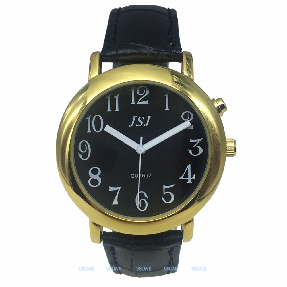 Montre Parlante Analogique avec Alarme Annonce de l'heure et Date en Français pour Aveugle et Les Personnes Malvoyant, Couleur Dorée, Bracelet Cuir Noir TAF-G607