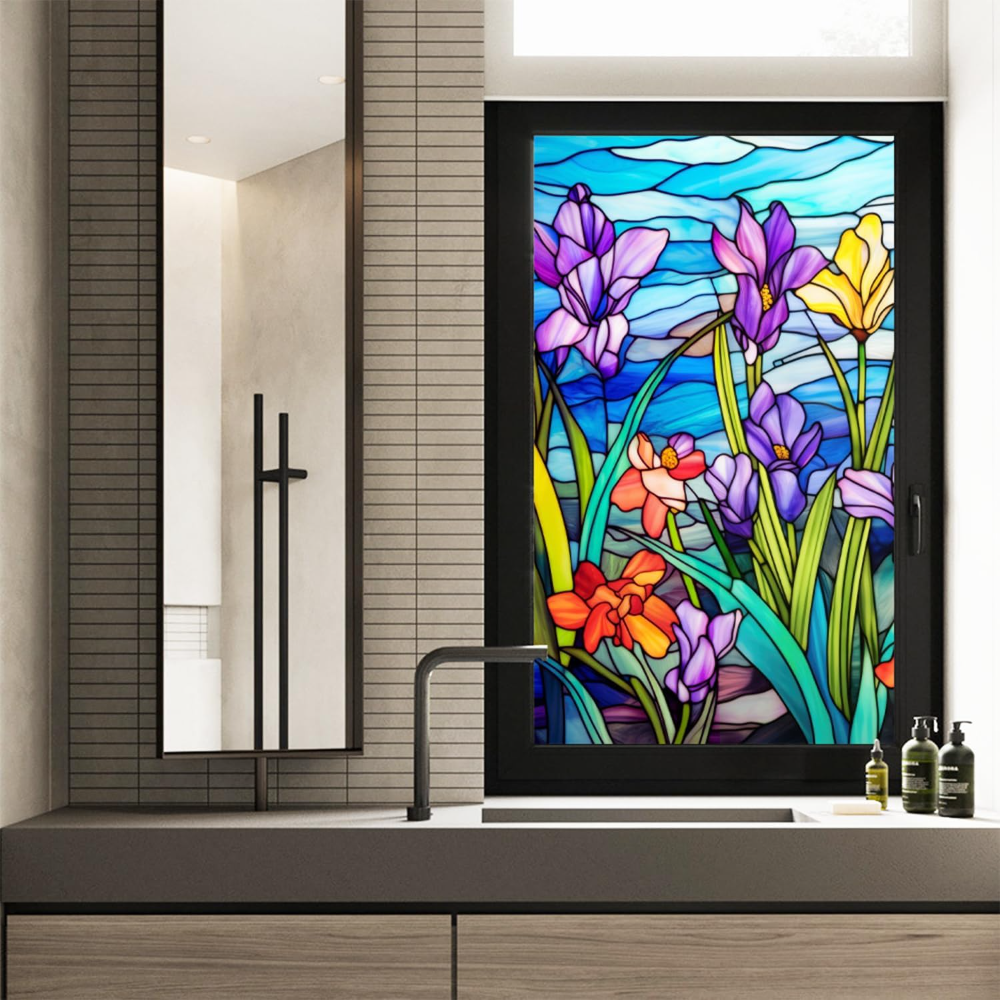 Película esmerilada para ventana de vidrieras, película para ventana floral adhesiva estática, calcomanías para ventana de vidrio de baño no adhesivas para ventanas, 17,7 "x: Beige