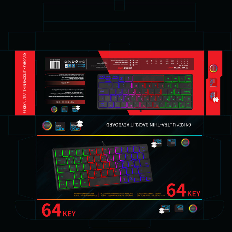 ZIENSTAR QWERTY English Letter 64 Keys Ultra -thin Mini USB Wired Keyboard with RGB backlight for Computer