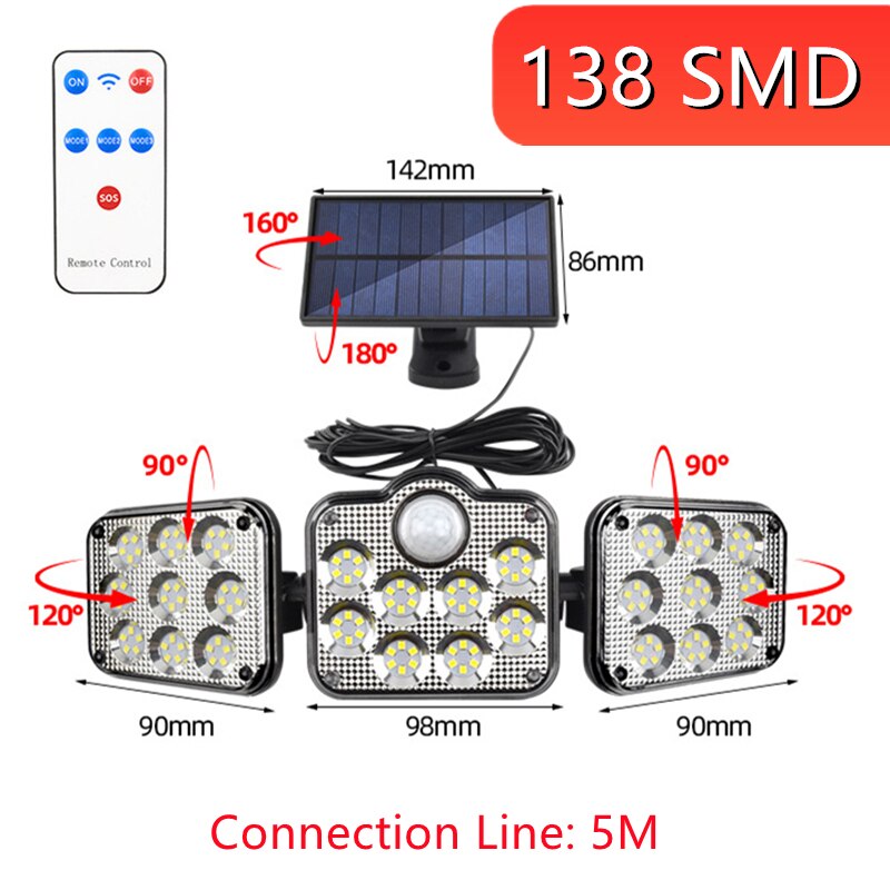 Solar LED Light Outdoor Motion Sensor Solar Powered Garden Lamp 3 Heads Remote Control Waterproof Wall lamp For Garden Street: Style 5-Separately