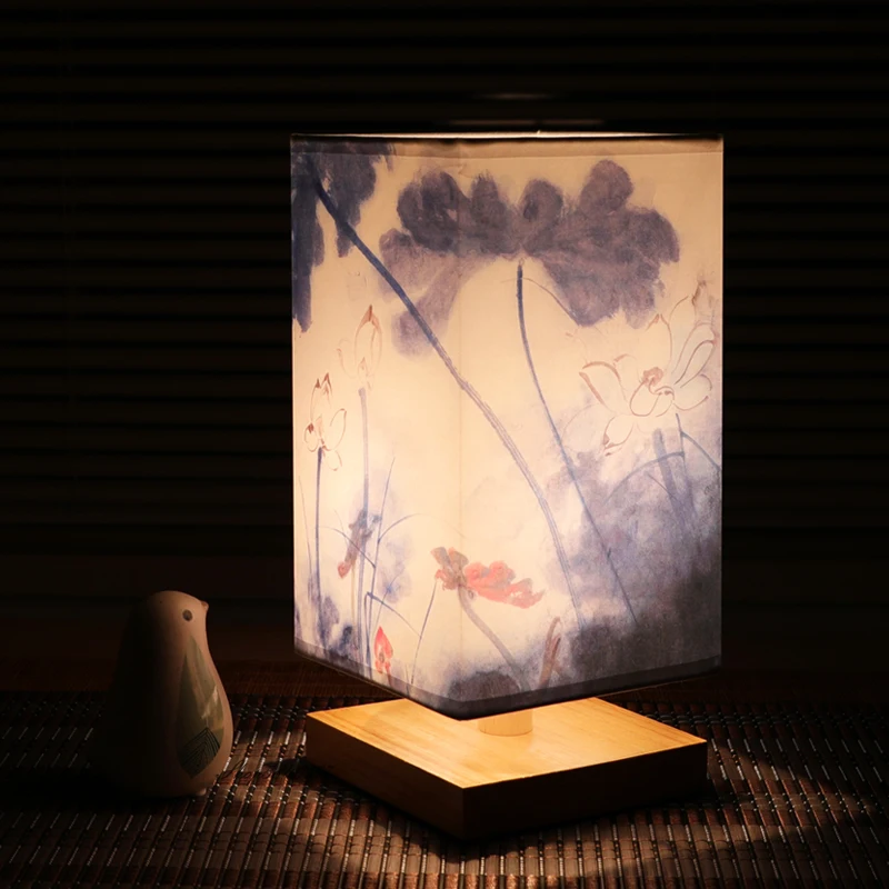 Lampe de Table en bois de Style chinois Vintage, peinture de paysage rétro, lampe de bureau pour décoration de chambre, personnalité à côté de la lampe