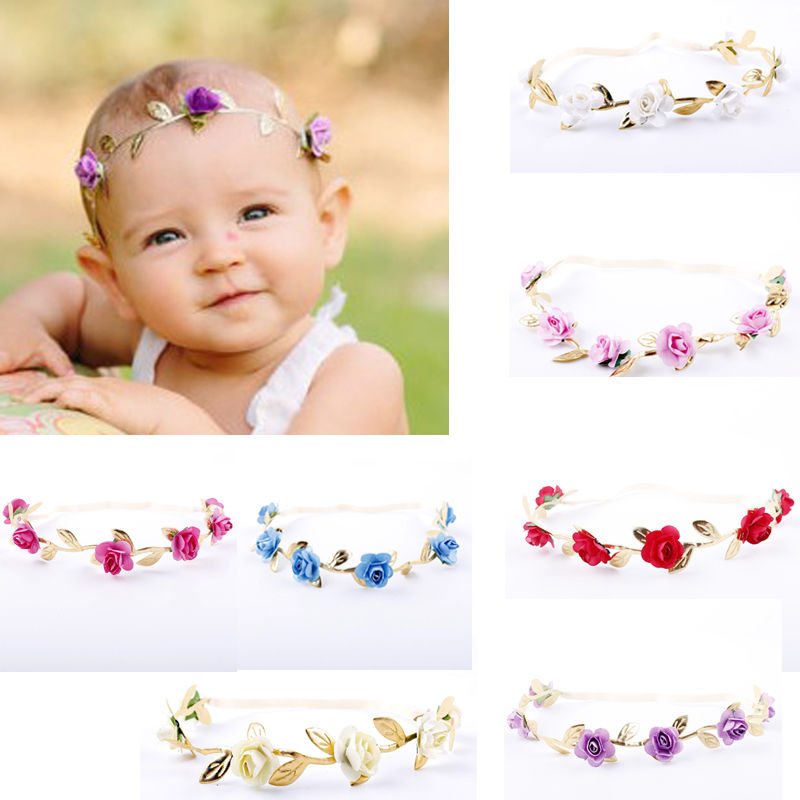 Neue Baby Mädchen Rose Headwear Blumen Crown Elastische Gold Blätter Haar Band Prinzessin Nette Stirnband Baby Mädchen Foto Prop Zubehör