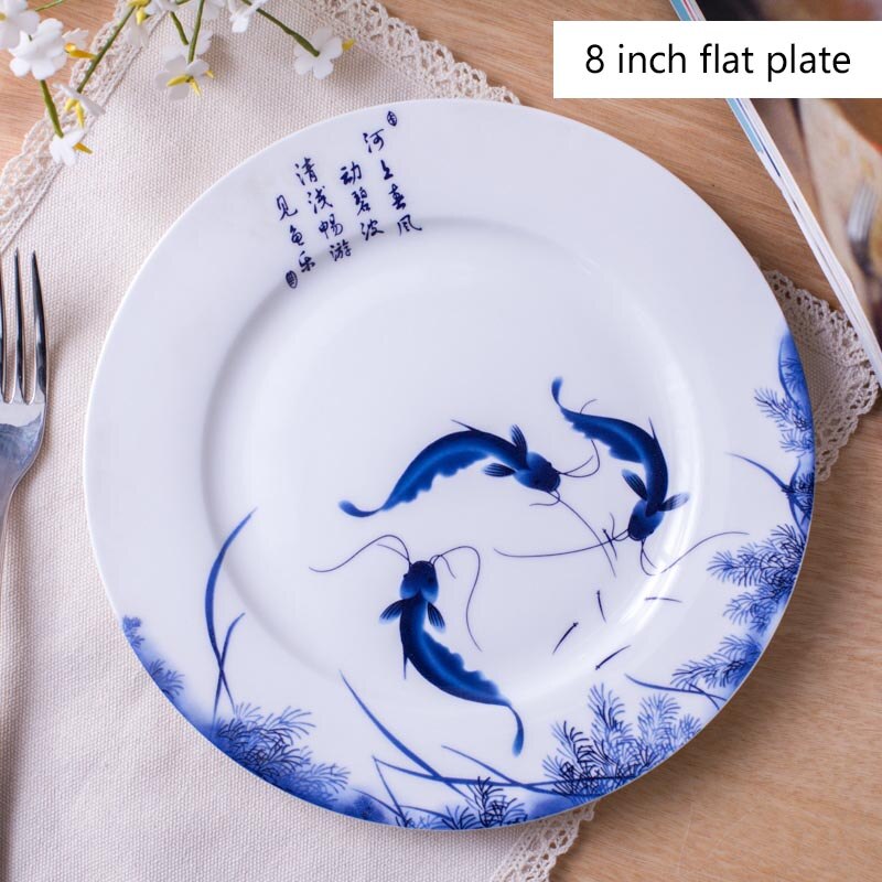 8/10inch Jingdezhen Plate Ceramic Bone china Dinner Plates Fish Pattern Decoration Dish Round Fruit Saucer Tableware Dinnerware: A