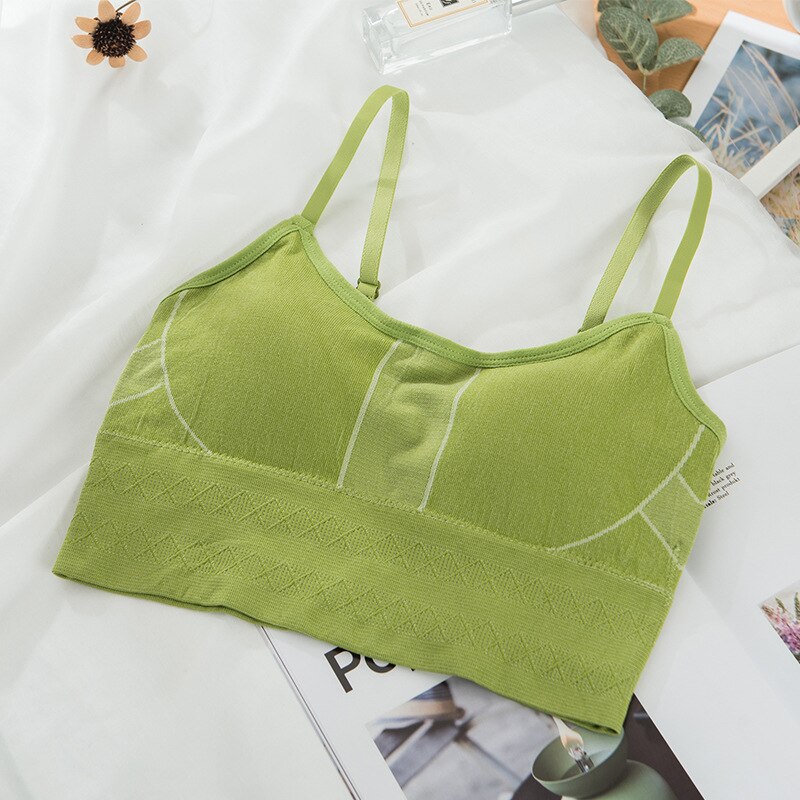 ATHVOTAR Solid Color Seamless V-Neck Bralette Camisole Push Up Adjustable Crop Top Wireless Vest Sleeveless Female Underwea: Fluorescent Green