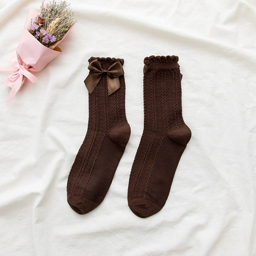 Medium Tube Woman Socks Ruffle Socks Lolita Bow Socks Cosplay Costumes Accessories Cotton Socks Cute Sweet Girl: style1 coffee