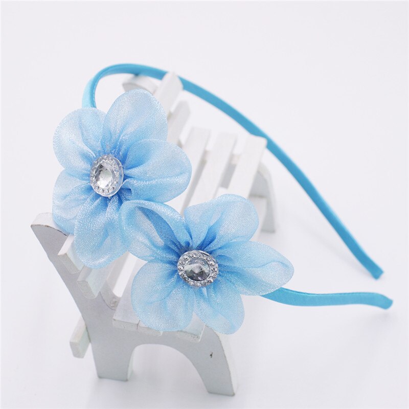 Sød chiffon blomst diamanter hårbånd bløde blomster hårbånd blomster kvinder pandebånd børn hår tilbehør til piger: Blå