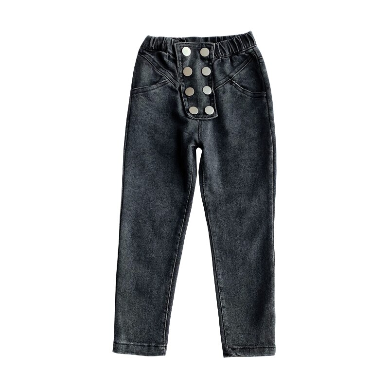 Skinny jeans för tjejer denim barn trasiga jeans för storlek 2 3 4 5 7 år knapp casual jeans solida barn tjejer jeans