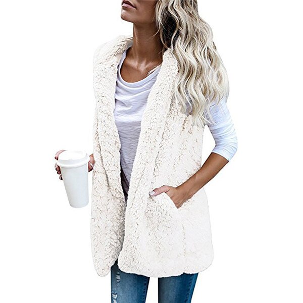 Hooded Vest For Women Autumn Winter Thick Warm Lamb Cashmere Coat Sleeveless Pocket Vests Jacket Outwear Casual Vest: Ivory / XL