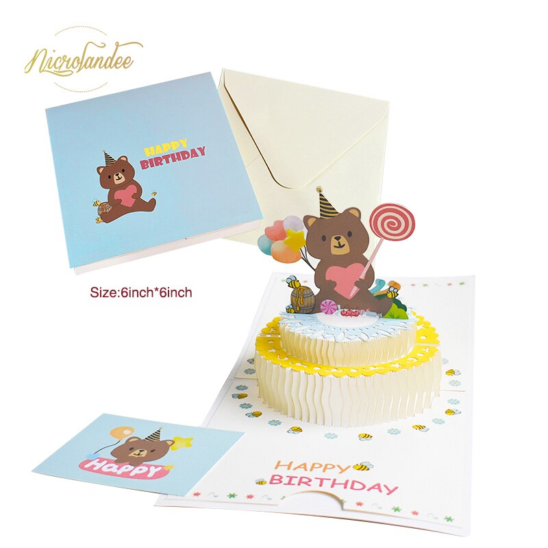 NICROLANDEE 3D Pop-Up Birthday/Greeting Cards Handmade Birthday Party Postcards Card with Envelopes for Your Loved Ones: Bear