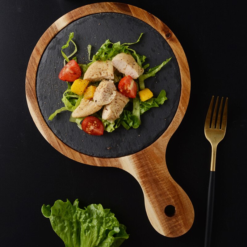 Bandeja de madera maciza americana para pizza, bandeja de madera, plato de pizarra negra, tabla de pan de madera de acacia, comida occidental, cocina japonesa, juego pla