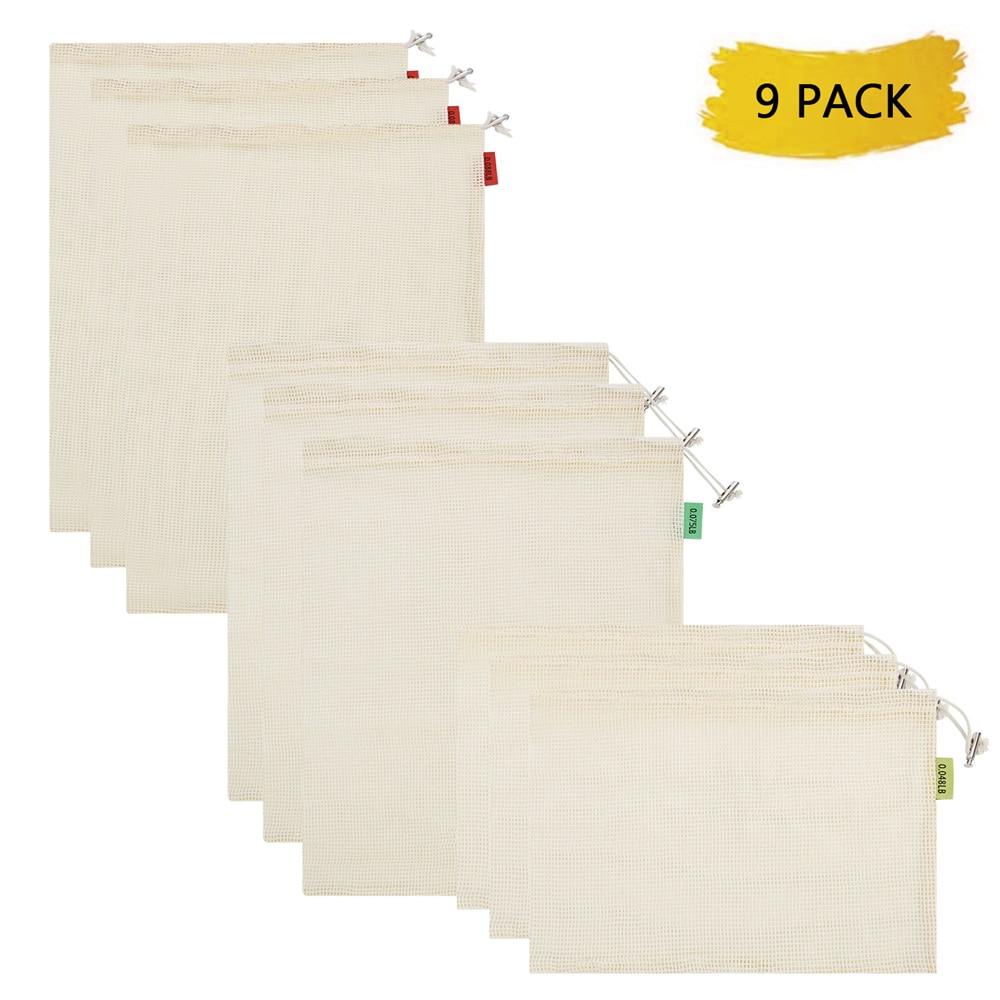 Biologisch katoenen netzak, herbruikbare netzakken voor groenten en fruit, milieuvriendelijke groente- en fruitboodschappentas met trekkoord: 9- pack