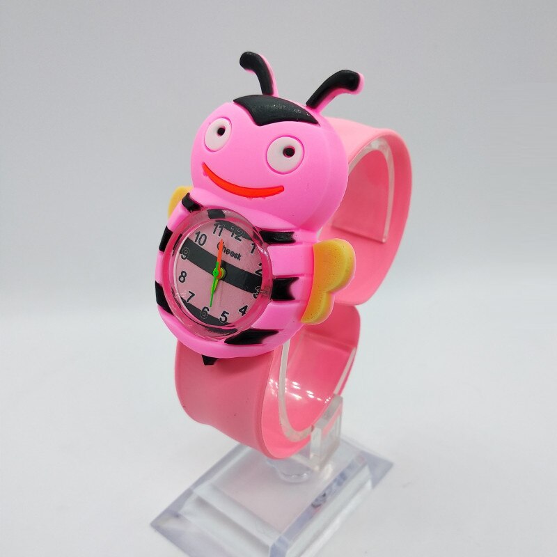 4 blandet tegneserie bi enhjørning mønster børn ure skildpadde slap pat ring ur børn quartz sport armbåndsur drenge piger ur: Bi pink