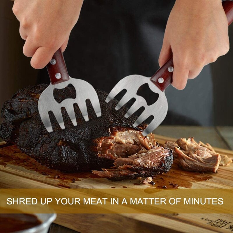 Meat Shredding Claws Stainless Steel Pulled Pork Shredder Meat Slicer for BBQ Long Wood Handle (2 PCS)
