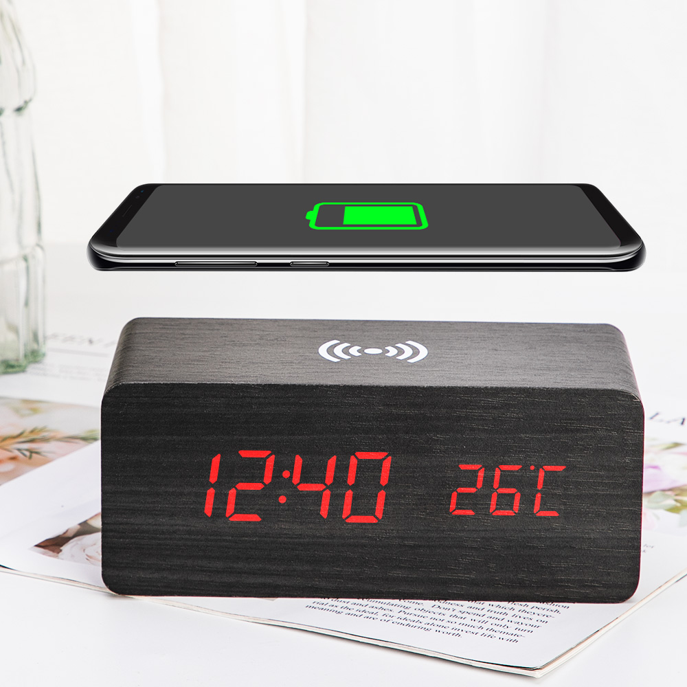 Wooden Alarm Clock With Qi Wireless Charging Pad Compatible With For Iphone Samsung Wood Led Digital Clock Sound Control Funct