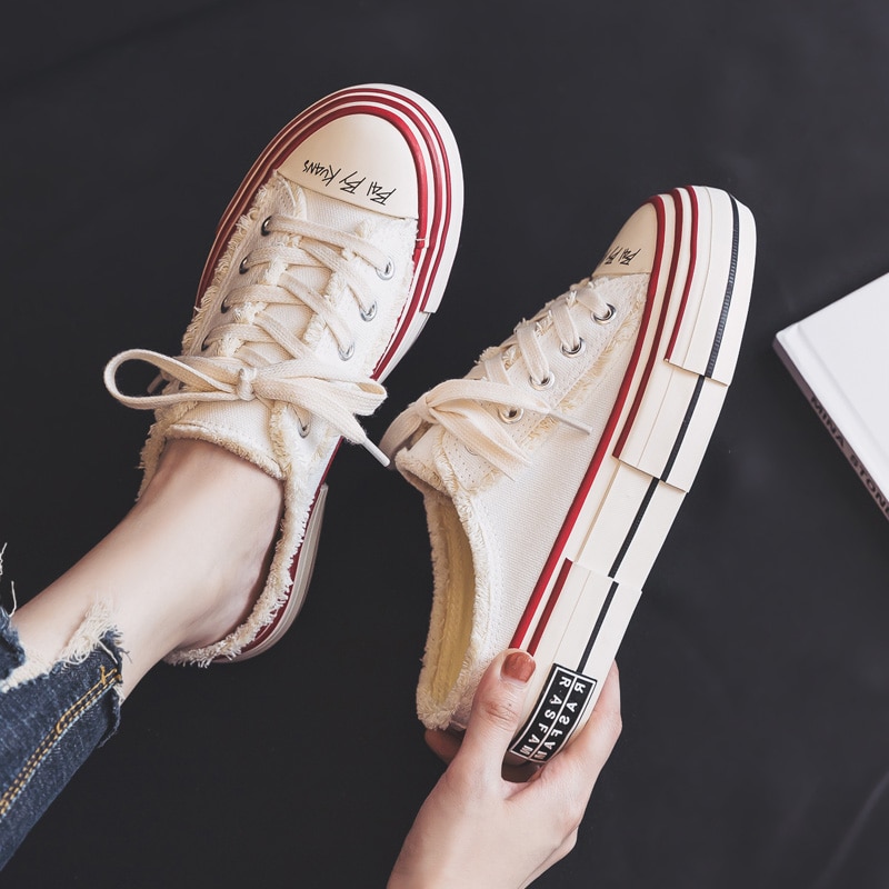 2022 sommer tøfler trendy sko uden hæl kanvas sko hvid dame stilfulde sneakers ingen ryg ensfarvede sneakers