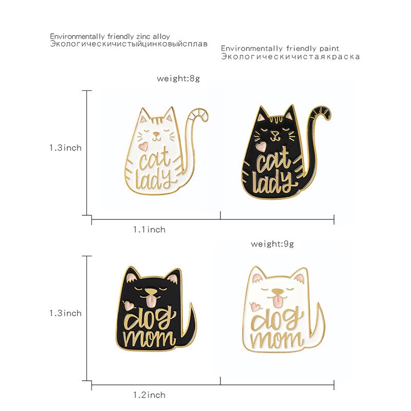 Gato engraçado dos desenhos animados esmalte pino cão mãe e gato senhora broches preto branco animal filhote de cachorro gatinho crachá jóias presente para crianças amigos