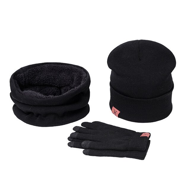 Vrouwen Sjaal Muts Handschoenen Set Drie Stuk Winter Warm Set Vrouwelijke Hoeden Sjaals Mannen Unisex: black
