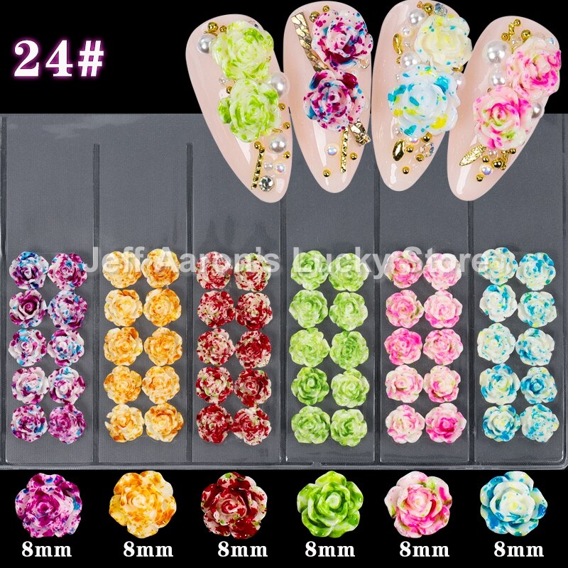 Blandet stil negler harpiks rose blomster cabochons cameo baseinnstilling 6mm 3d turkise rose blomster neglekunst dekorasjon tilbehør: Gzh 24