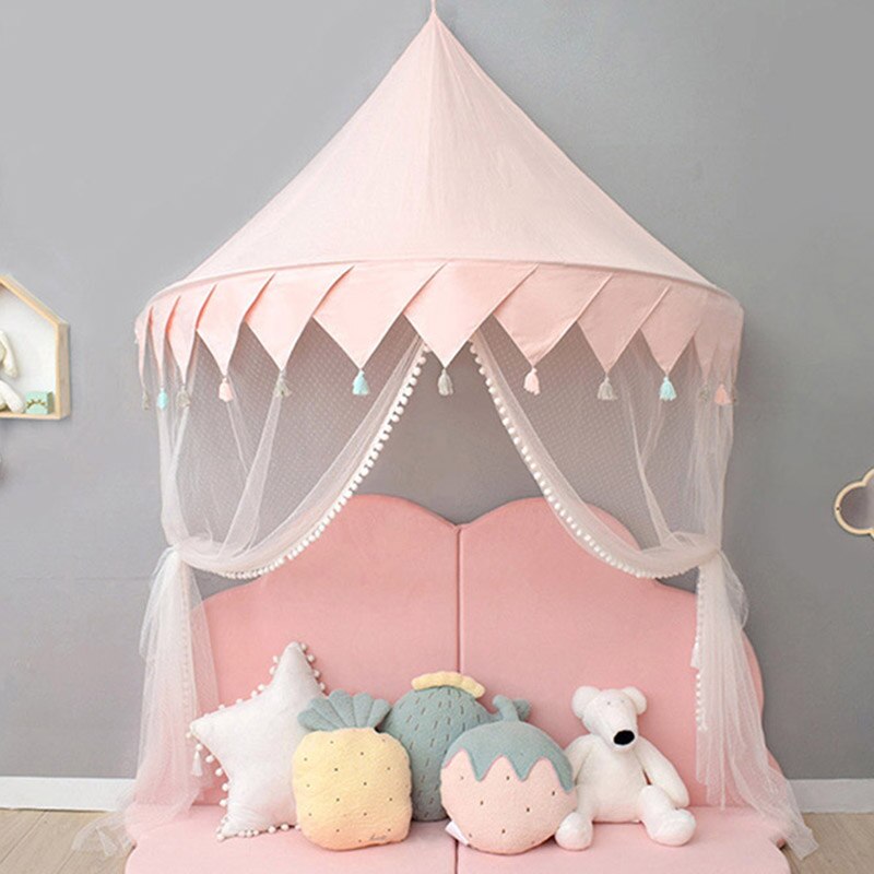 Tienda tipi de algodón para niños, casa de juegos, toldo plegable, cortina para cama, red para cuna de bebé, decoración para habitación de niño y niña: pink tassel