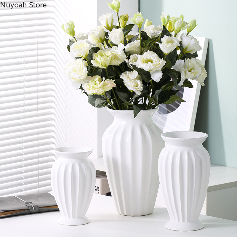 European-style Simple White Striped Vase Ornaments Ceramic Flower Arrangement Water Vase Living Room Decoration Accessories