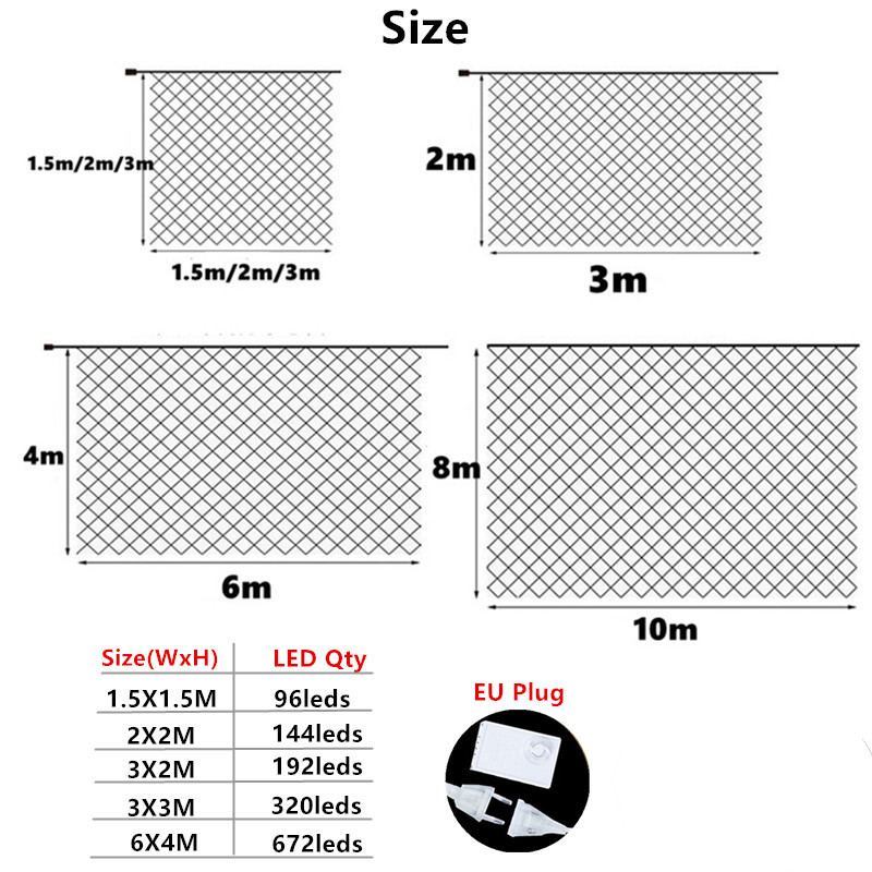Led netting lyslenke 1.5*1.5m 3*2m 6*4m utendørs vanntett gardin lyslenke julegirlander bryllupsfest vindusdekor