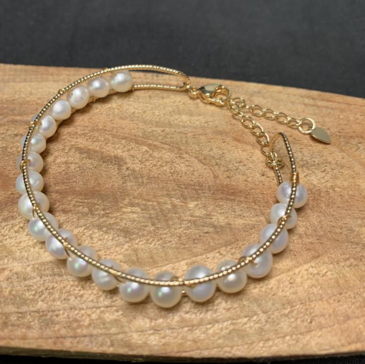 14K Gold Wrapped Handgemaakte Bangle Zoetwater Parel Hand Rij Bangle Krijgen Een Neus Strip Gratis