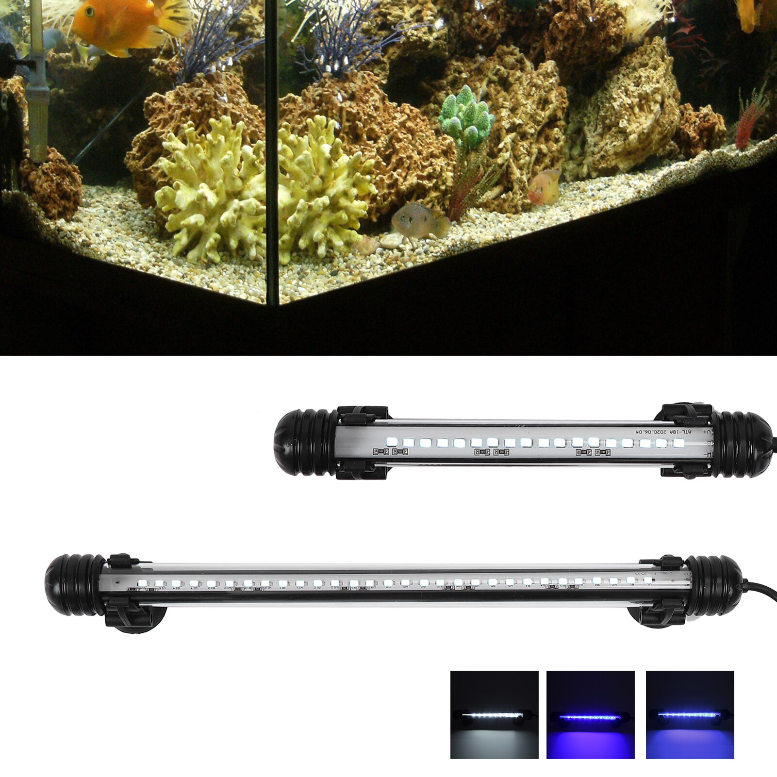 AC 100-240V Aquarium Submersible Light LED Fish Tank Light With 3 Light Modes Dimmable IP68 Waterproof High Brightness