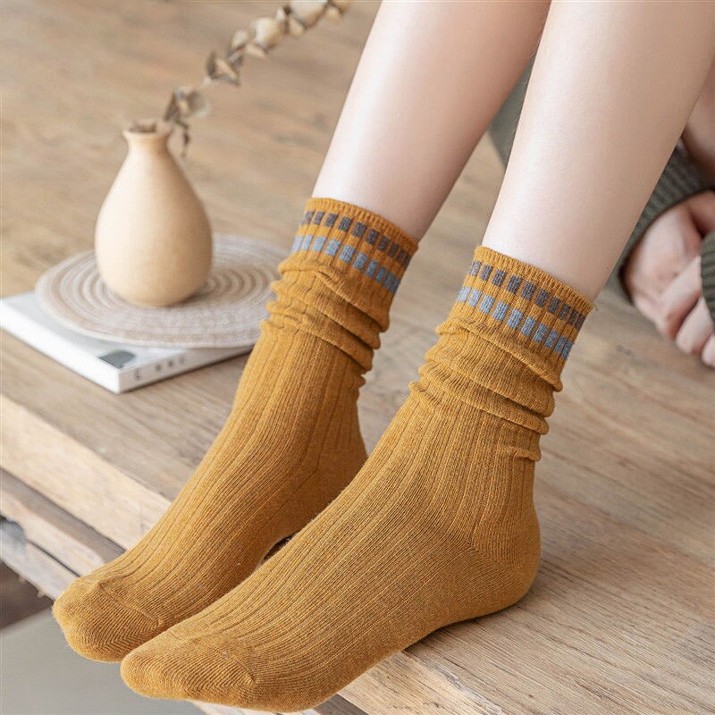 Chaussettes Vintage en coton pour femmes, longues, amples, solides, tricotées, rayées, respirantes, collection printemps-automne