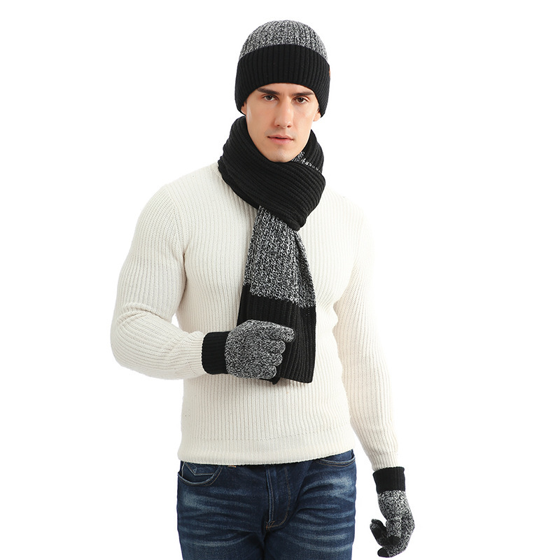 Xpeople blød fleece foret varm vinter mænd 3 stk strikket sæt strik hat lang tørklæde touch screen handsker sæt matchende vinter sæt: Farve 1
