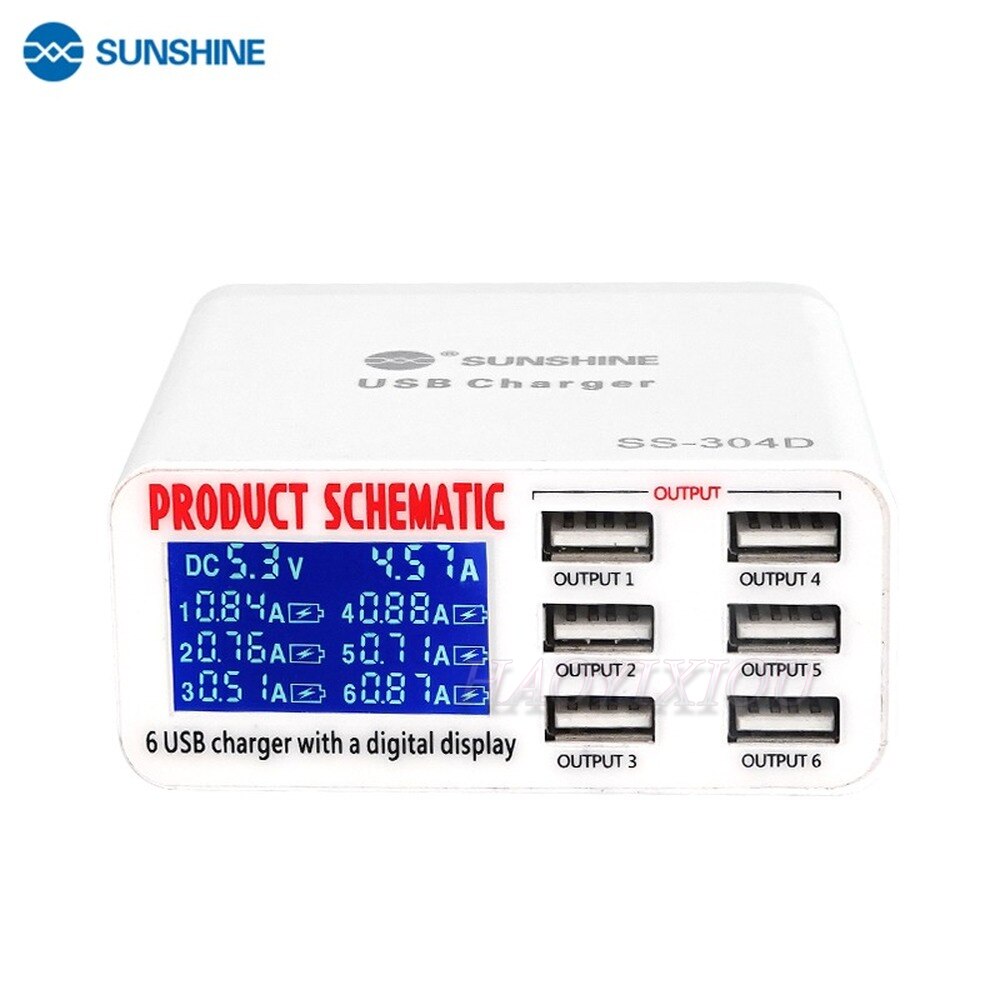 SUNSHINE SS-304D – chargeur intelligent USB 6 ports, prise en charge de la recharge sans fil avec écran LCD pour téléphone portable, outils de réparation: EU