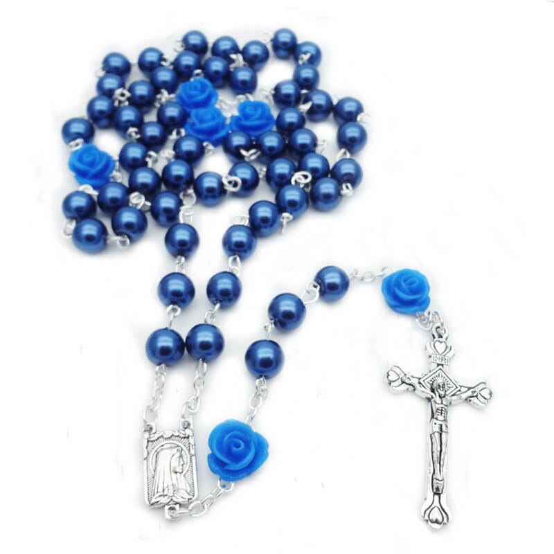 6 stili 6mm croce rosario collana imitazione perla fiore rosa vergine maria ciondolo gioielli religiosi cattolici regalo per le signore: Style5-Dark Blue