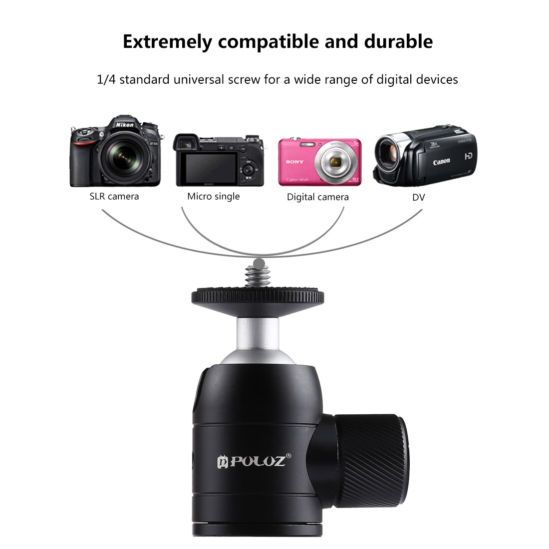 Mini Tripod Ball Head Adapter Ballhead Mount Alloy with 1/4 Holes for DSLR Camera Camcorder Cell Phone Monopod Mic Boom Pole